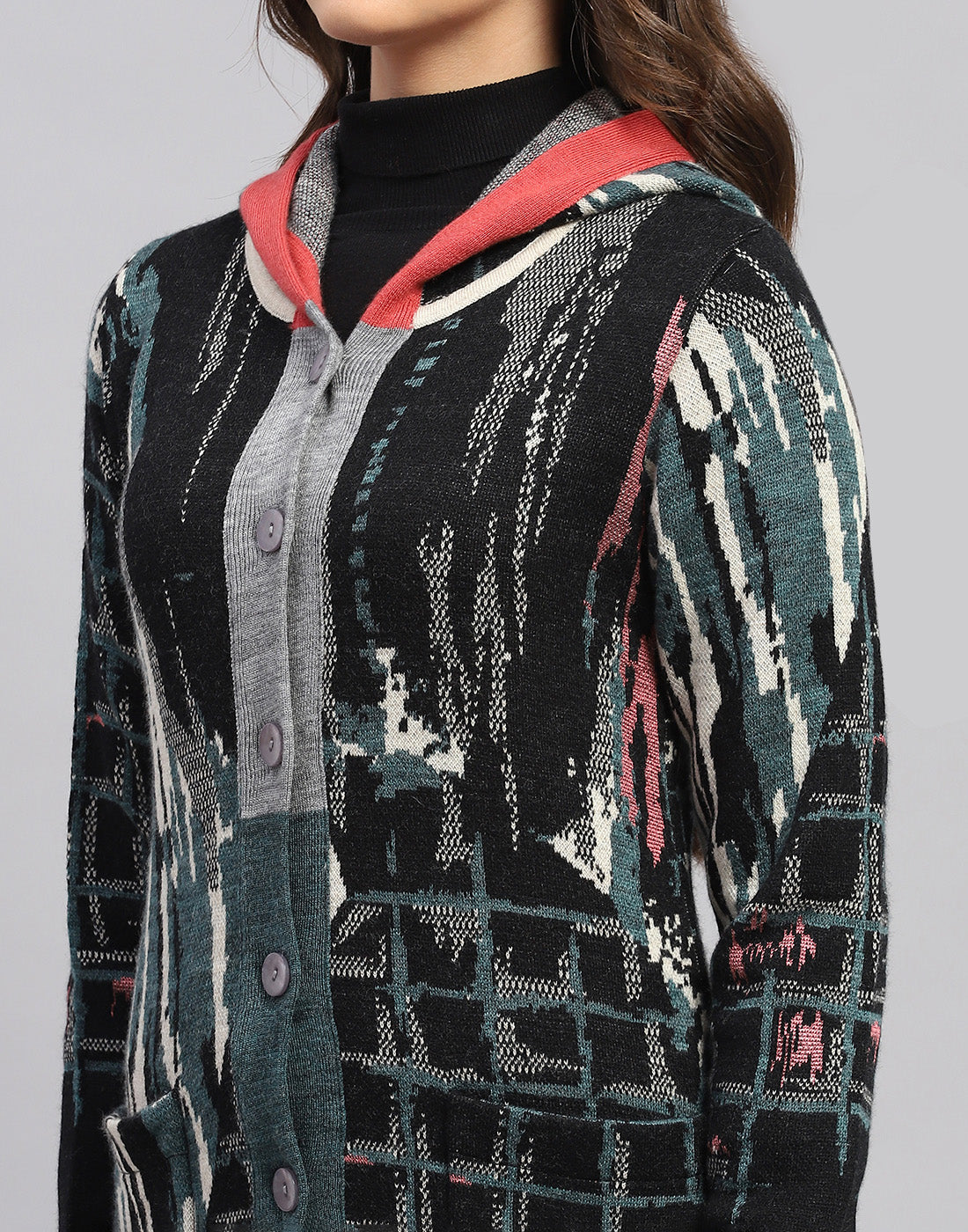 Women Multicolor Self Design Hooded Full Sleeve Cardigan