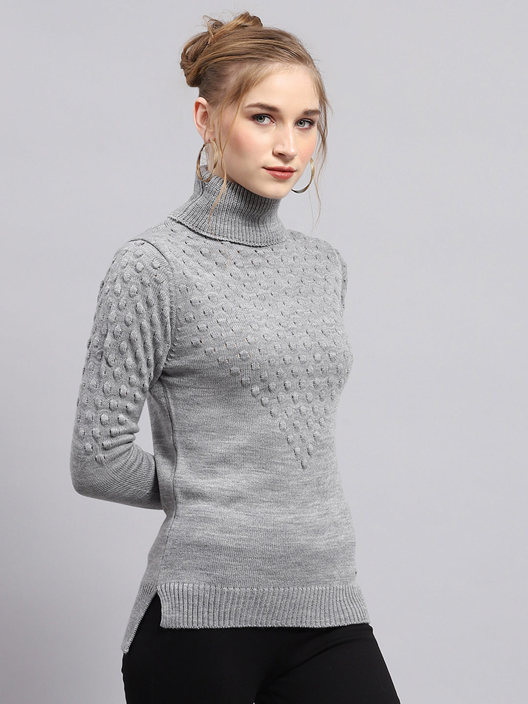 Women Grey Self Design High Neck Full Sleeve Winter Tops