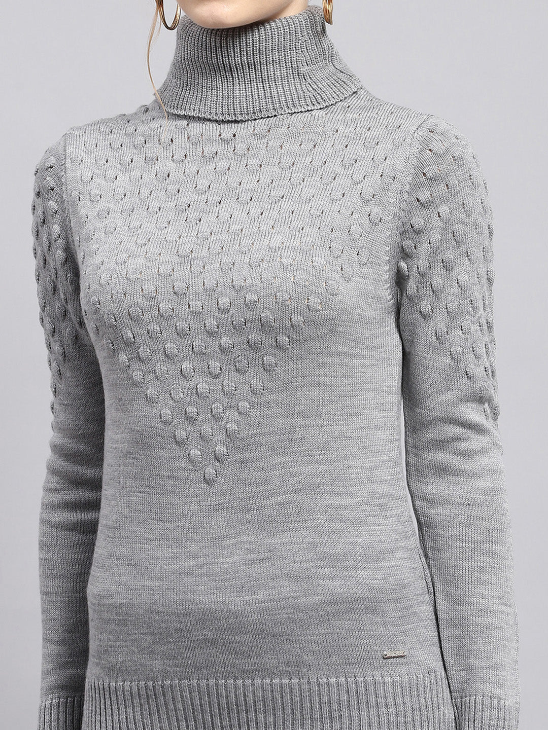 Women Grey Self Design High Neck Full Sleeve Winter Tops