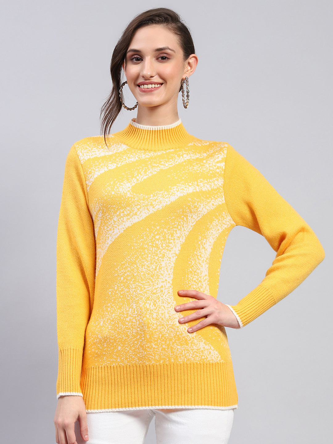 Women Yellow Self Design Band Collar Full Sleeve Winter Tops