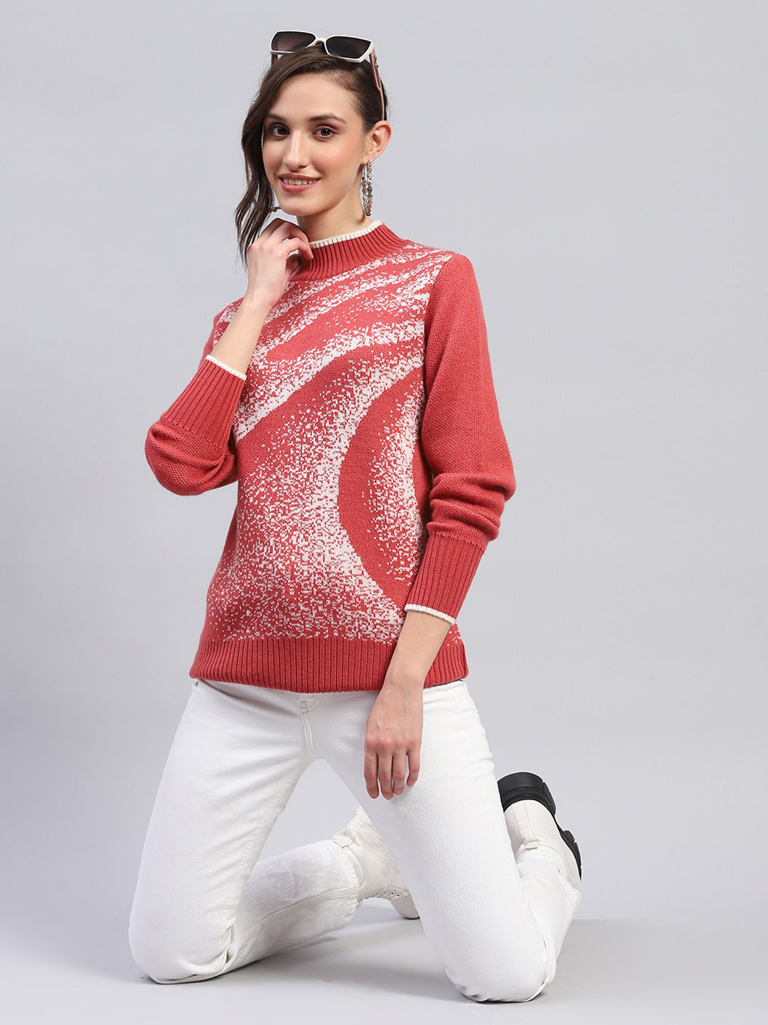 Women Red Self Design Band Collar Full Sleeve Winter Tops