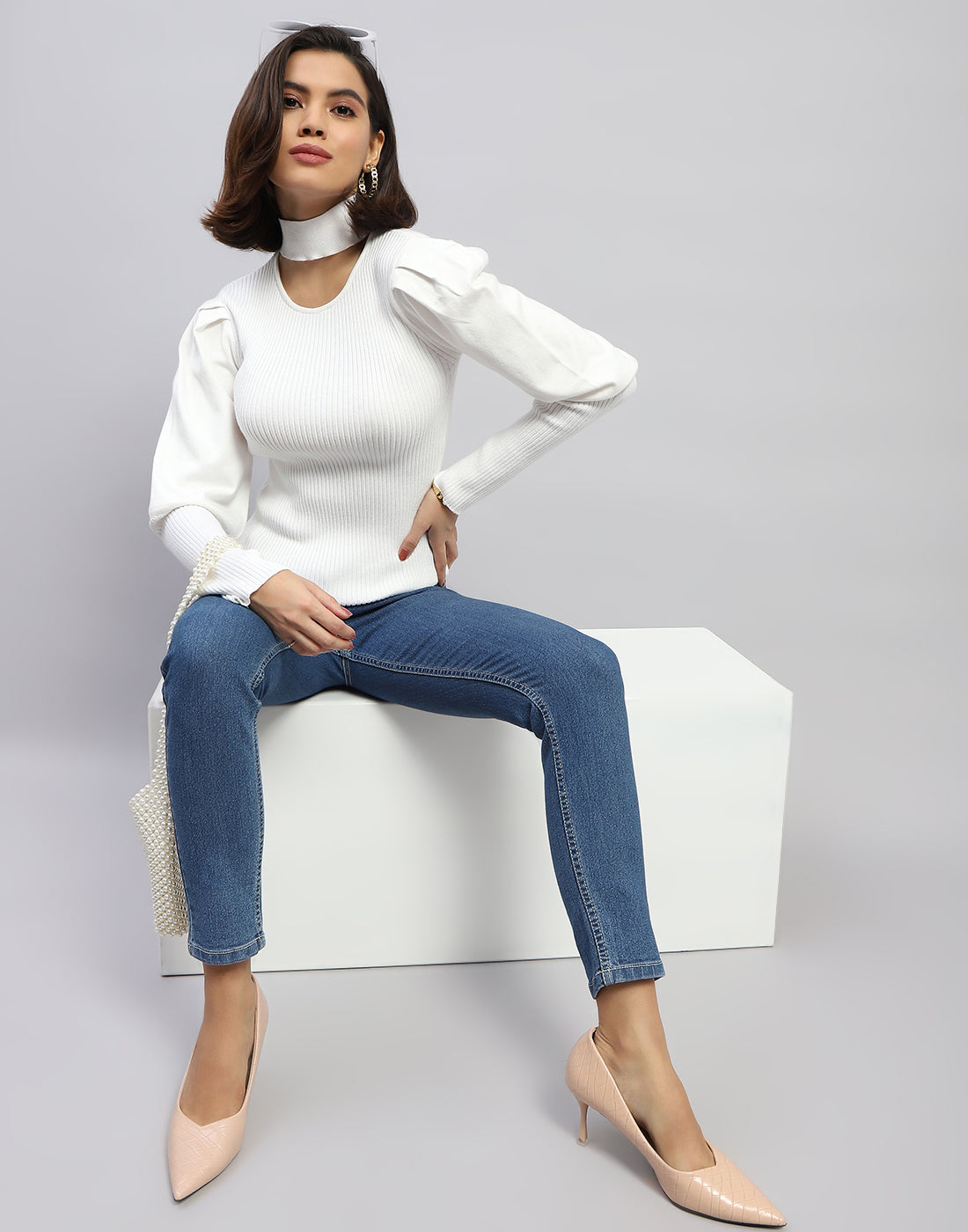 Women White Self Design Round Neck Full Sleeve Sceavy