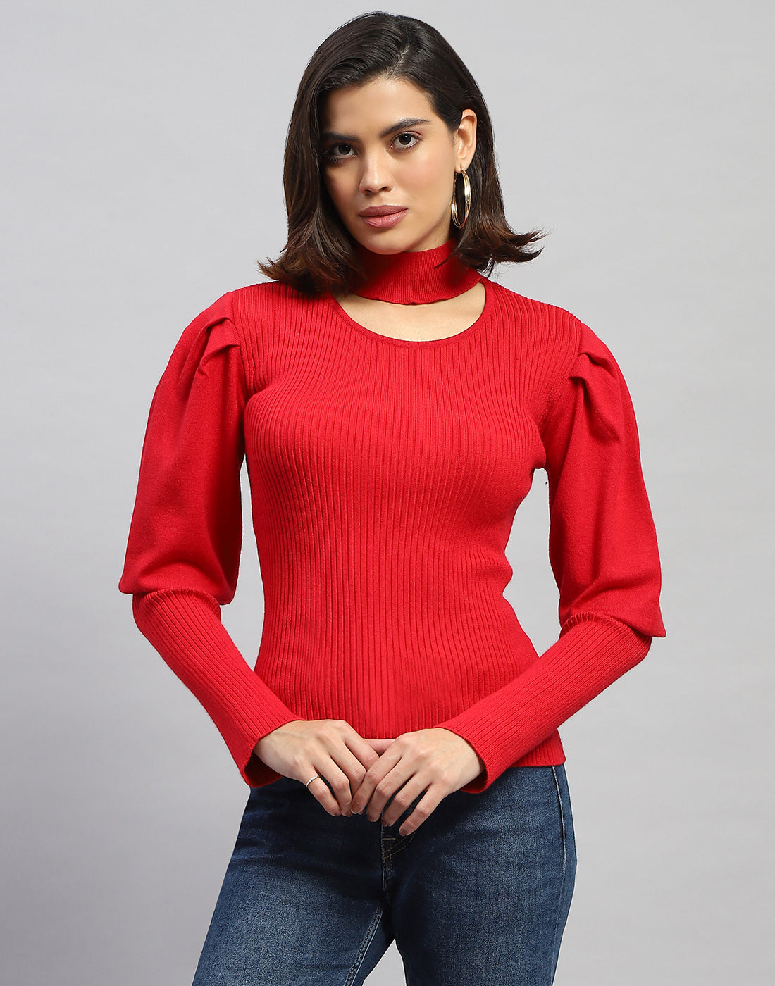 Women Red Self Design Round Neck Full Sleeve Sceavy