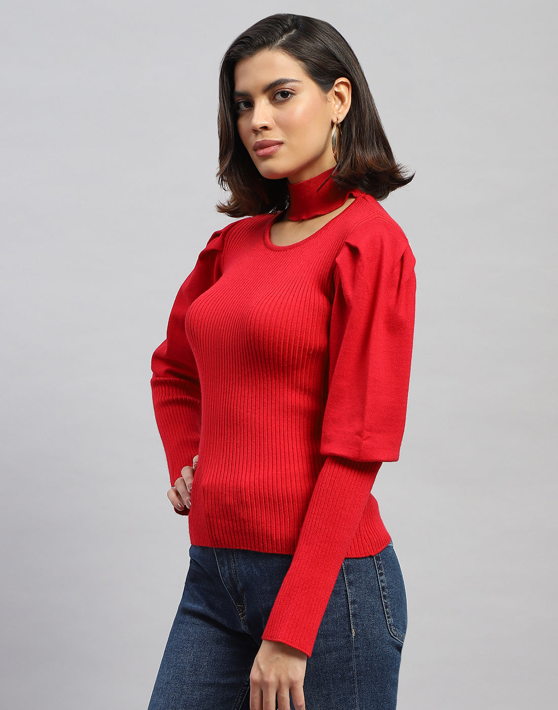 Women Red Self Design Round Neck Full Sleeve Sceavy