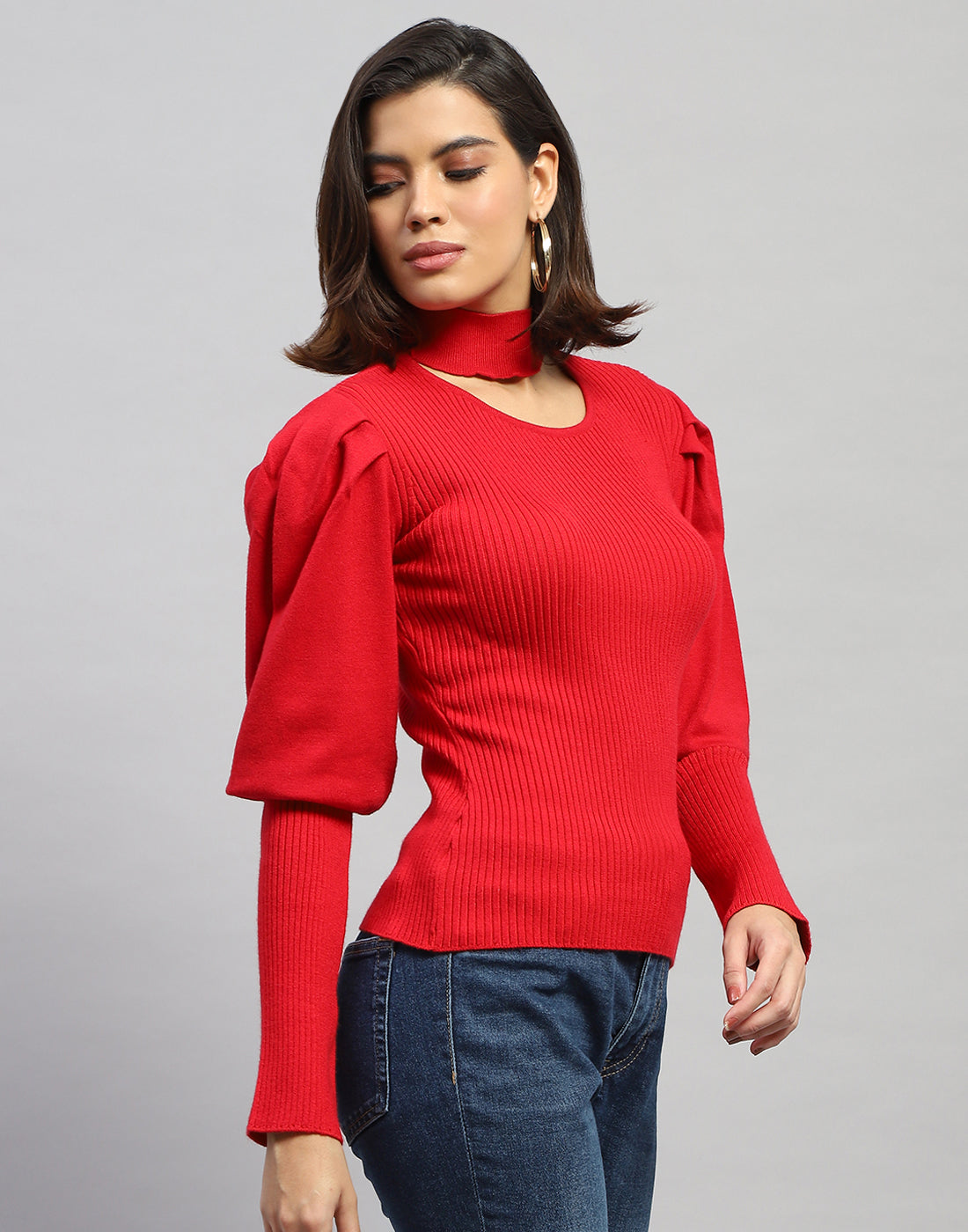 Women Red Self Design Round Neck Full Sleeve Sceavy