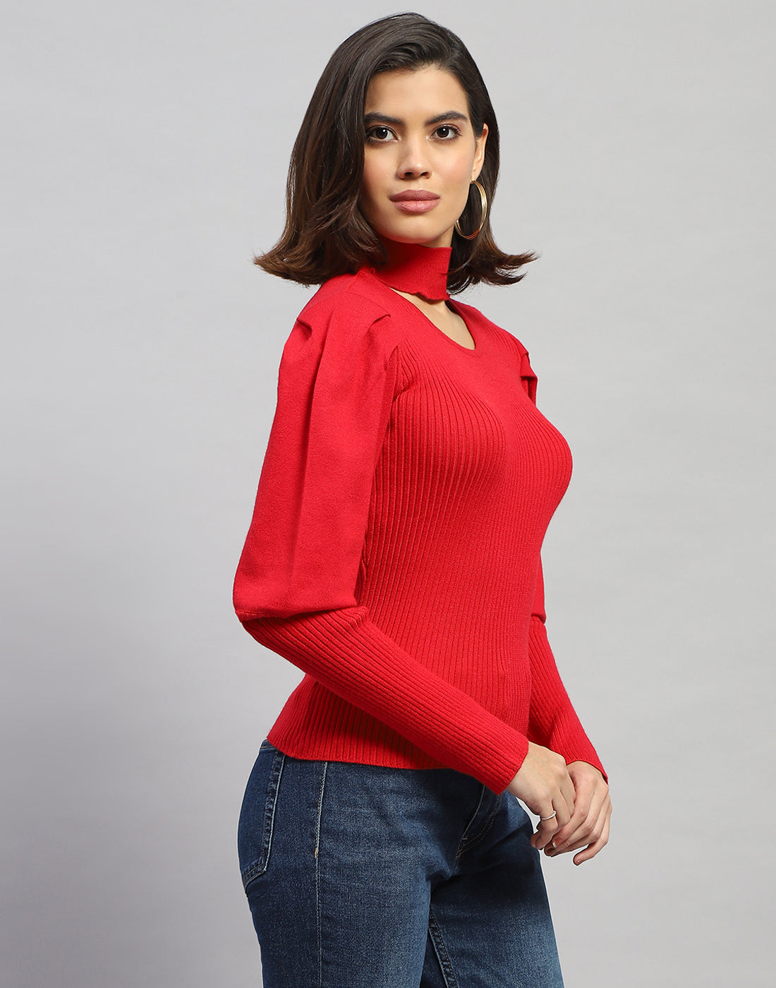 Women Red Self Design Round Neck Full Sleeve Sceavy