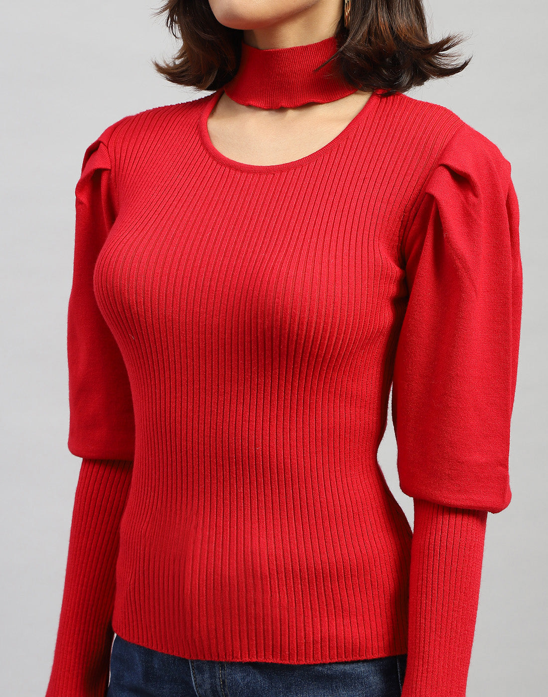 Women Red Self Design Round Neck Full Sleeve Sceavy