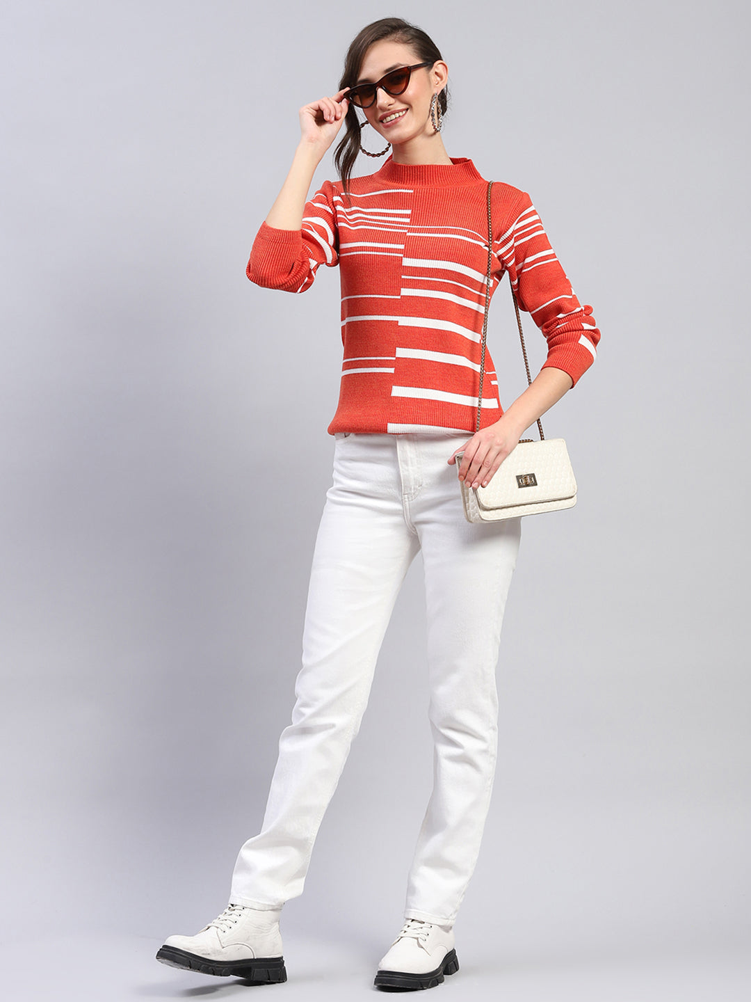 Women Orange Self Design Band Collar Full Sleeve Winter Tops