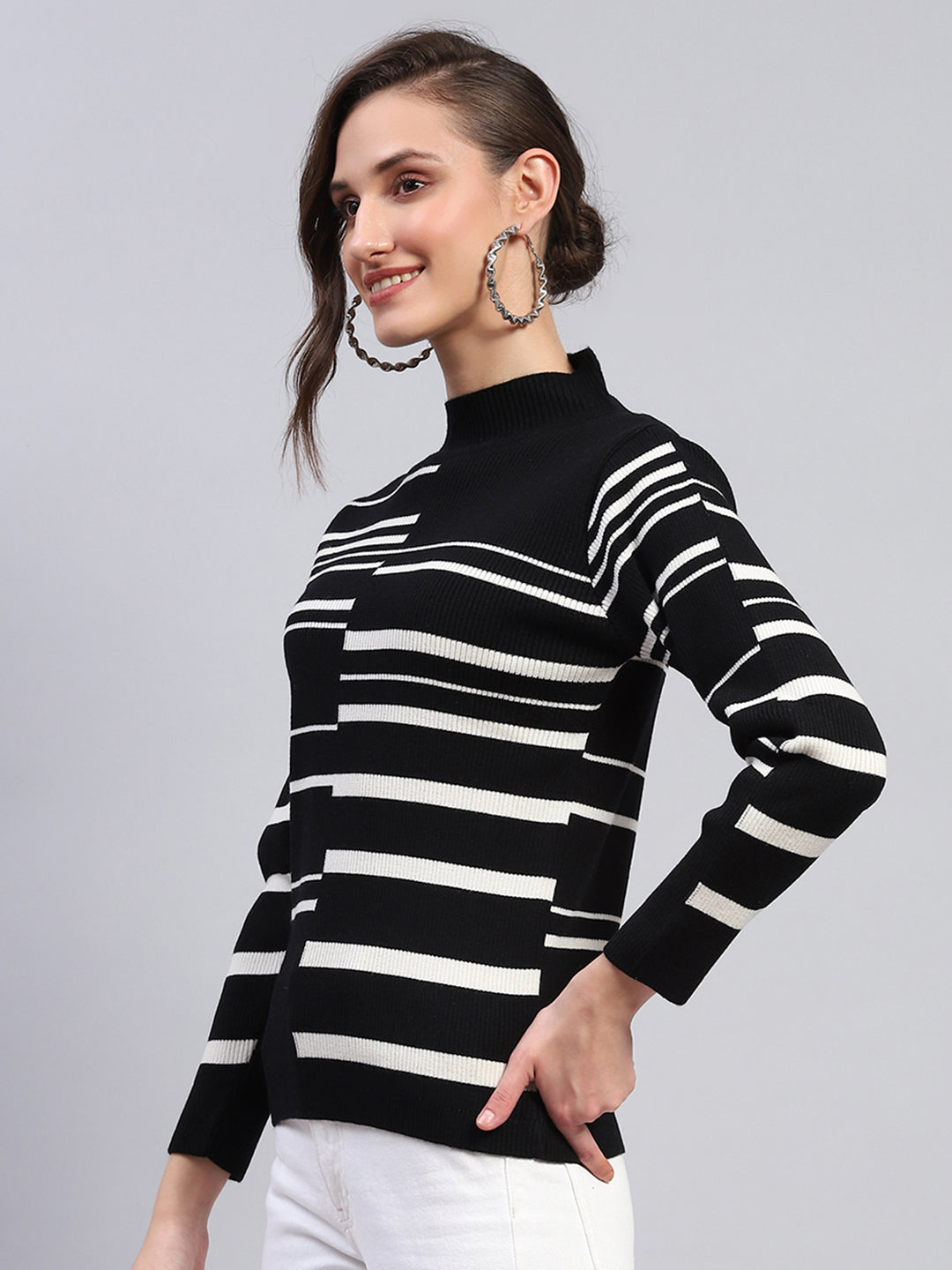 Women Black Self Design Band Collar Full Sleeve Winter Tops