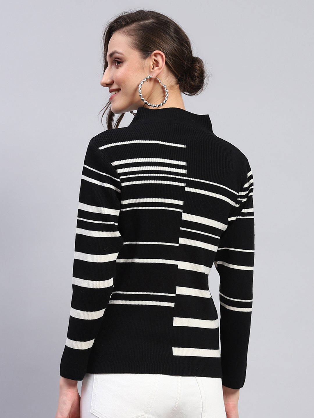 Women Black Self Design Band Collar Full Sleeve Winter Tops