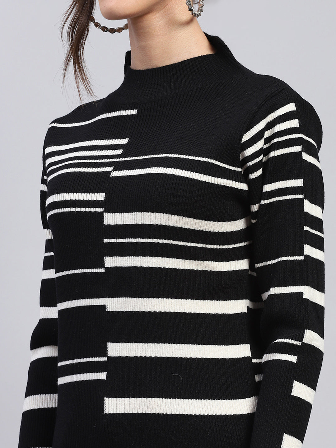 Women Black Self Design Band Collar Full Sleeve Winter Tops