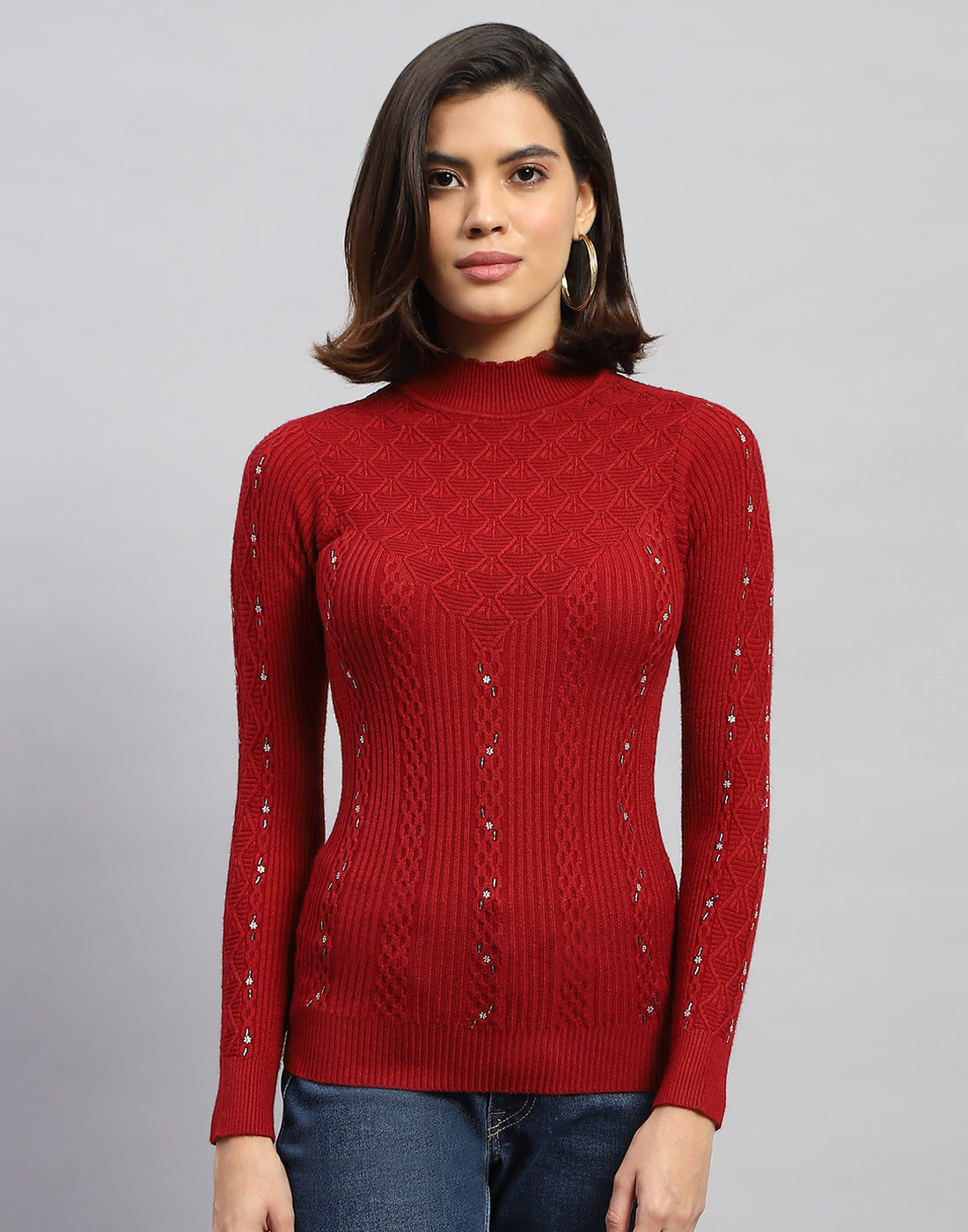 Women Maroon Self Design High Neck Full Sleeve Sceavy