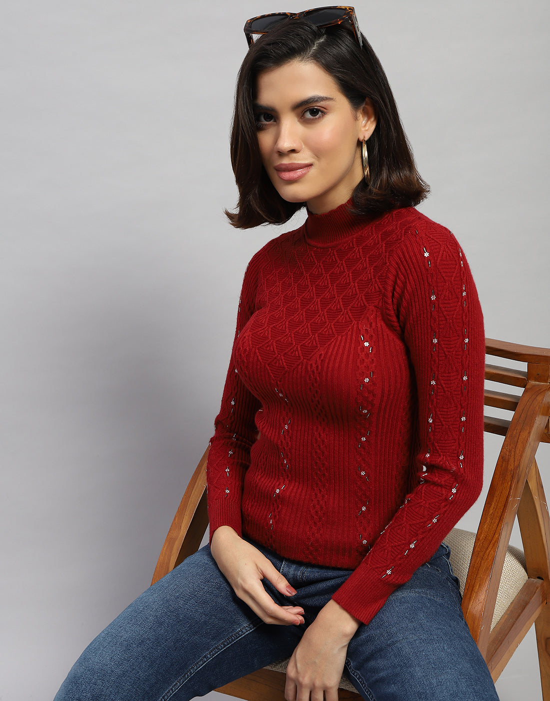 Women Maroon Self Design High Neck Full Sleeve Sceavy