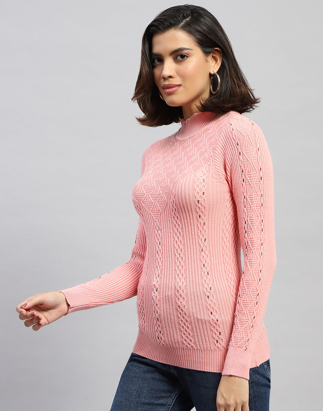 Women Pink Self Design High Neck Full Sleeve Sceavy