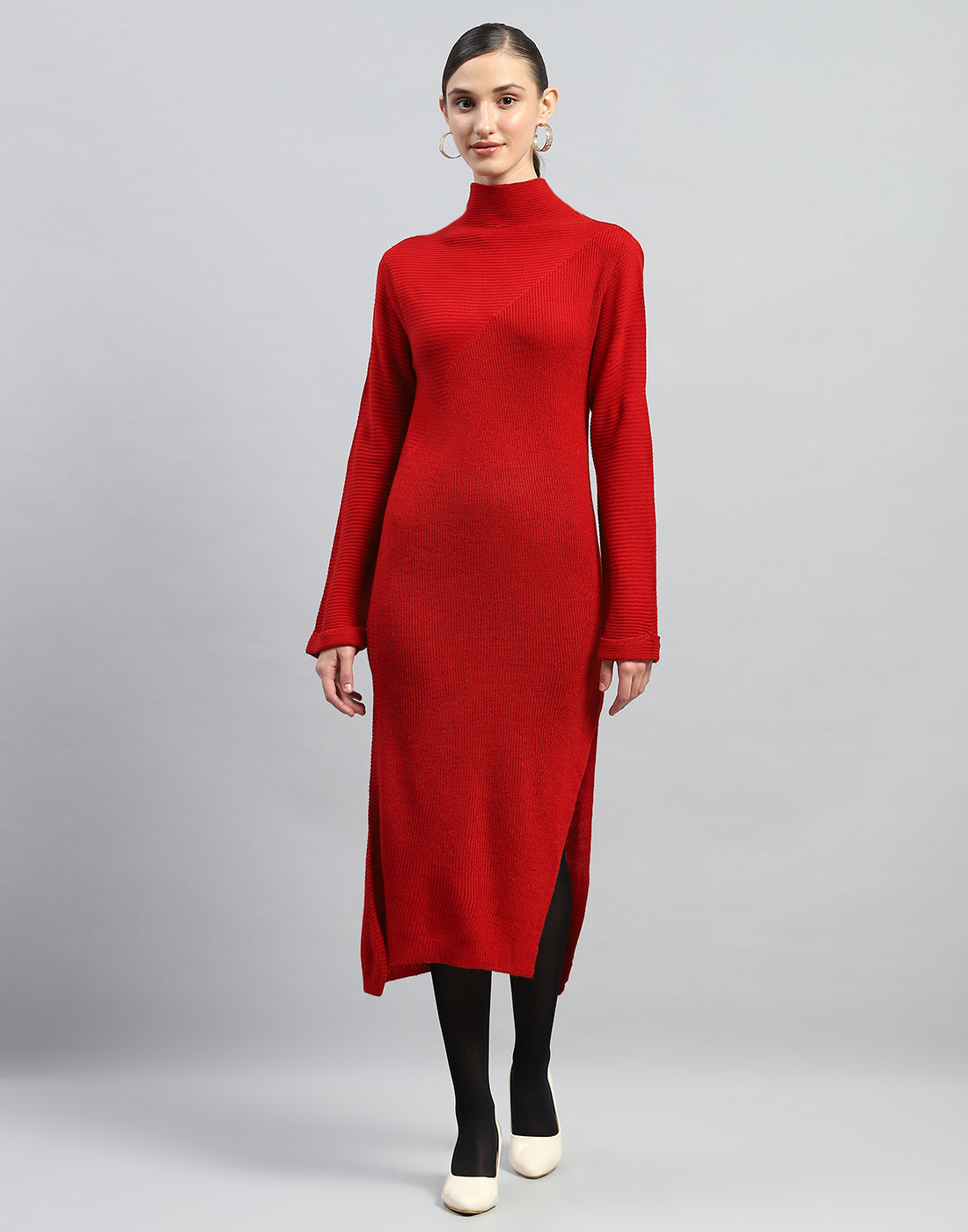 Women Red Self Design Turtle Neck Full Sleeve Dress