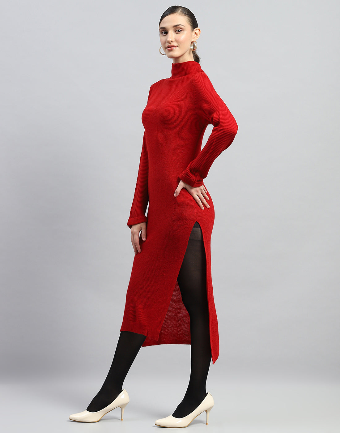 Women Red Self Design Turtle Neck Full Sleeve Dress