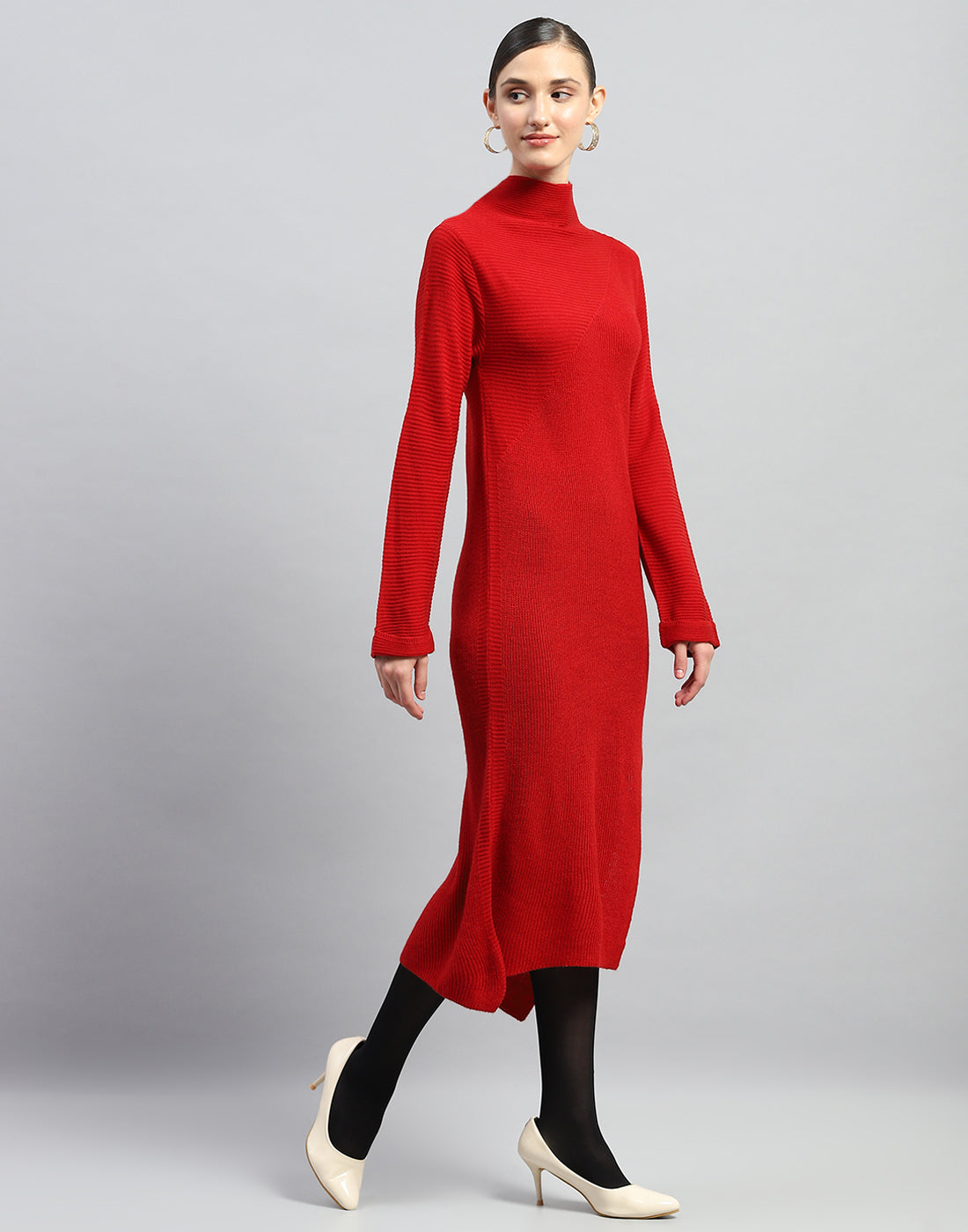 Women Red Self Design Turtle Neck Full Sleeve Dress