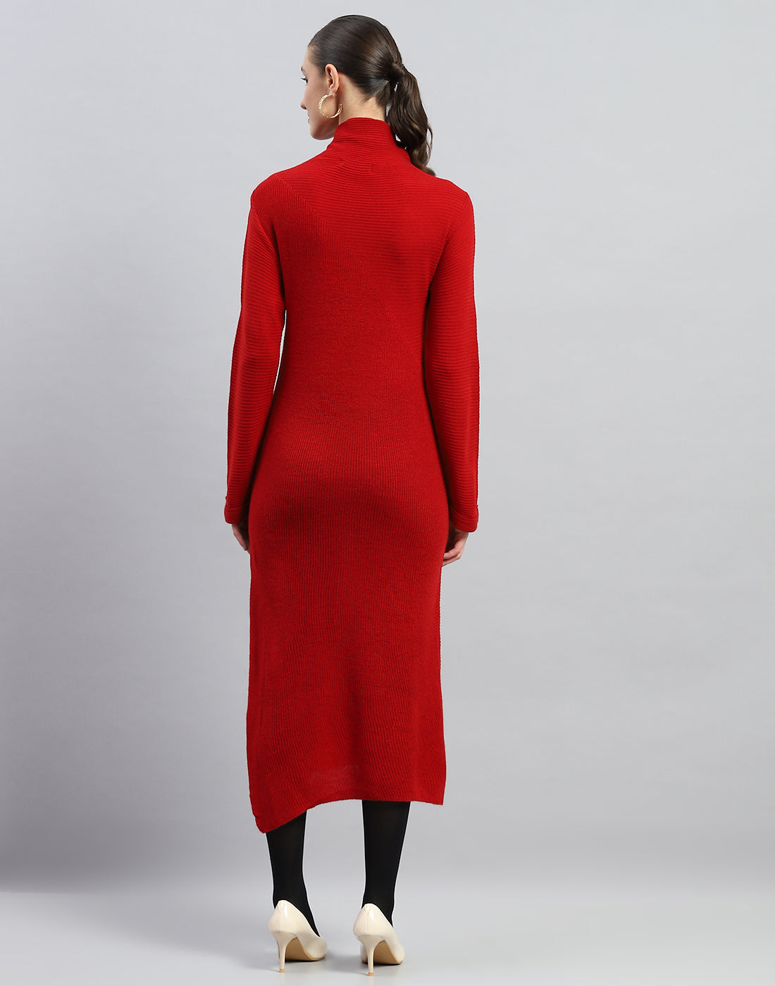 Women Red Self Design Turtle Neck Full Sleeve Dress