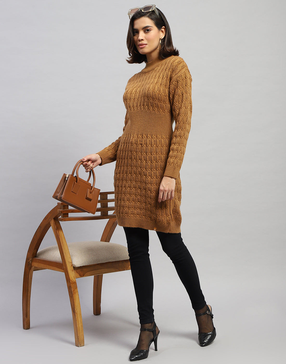 Women Brown Self Design High Neck Full Sleeve Winter Top