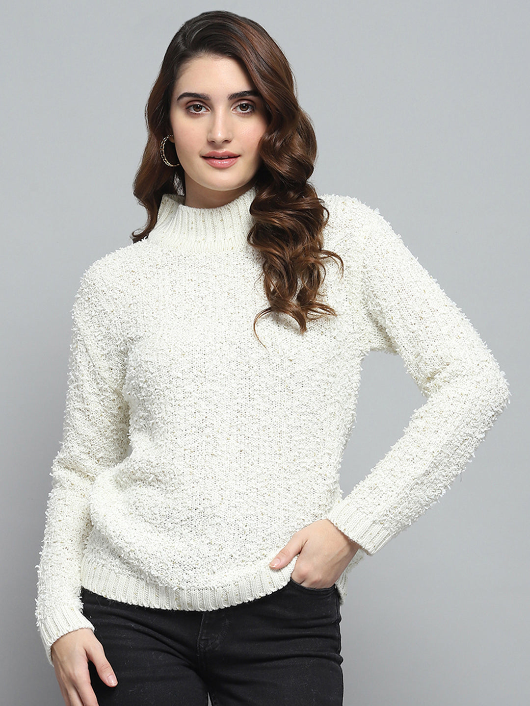 Women White Self Design Turtle Neck Full Sleeve Winter Tops