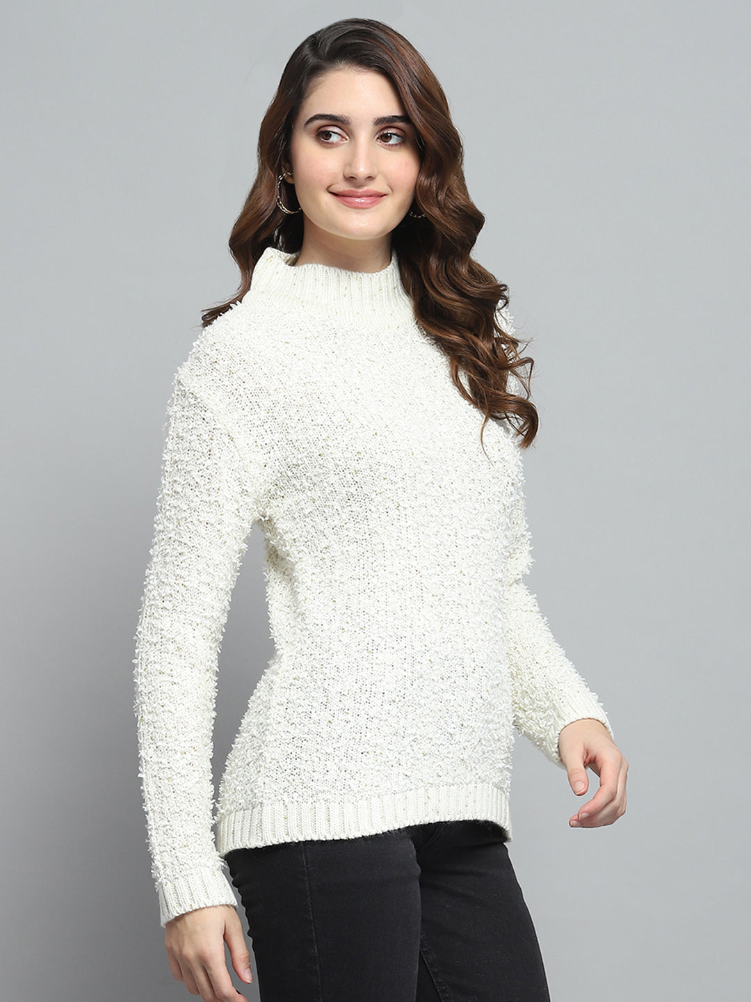 Women White Self Design Turtle Neck Full Sleeve Winter Tops