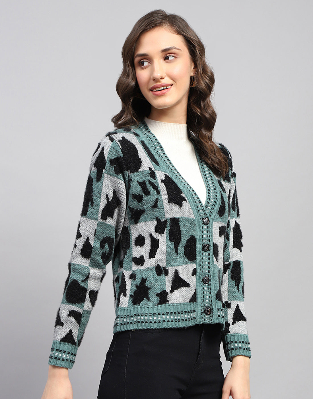 Women Multicolor Self Design V Neck Full Sleeve Cardigan