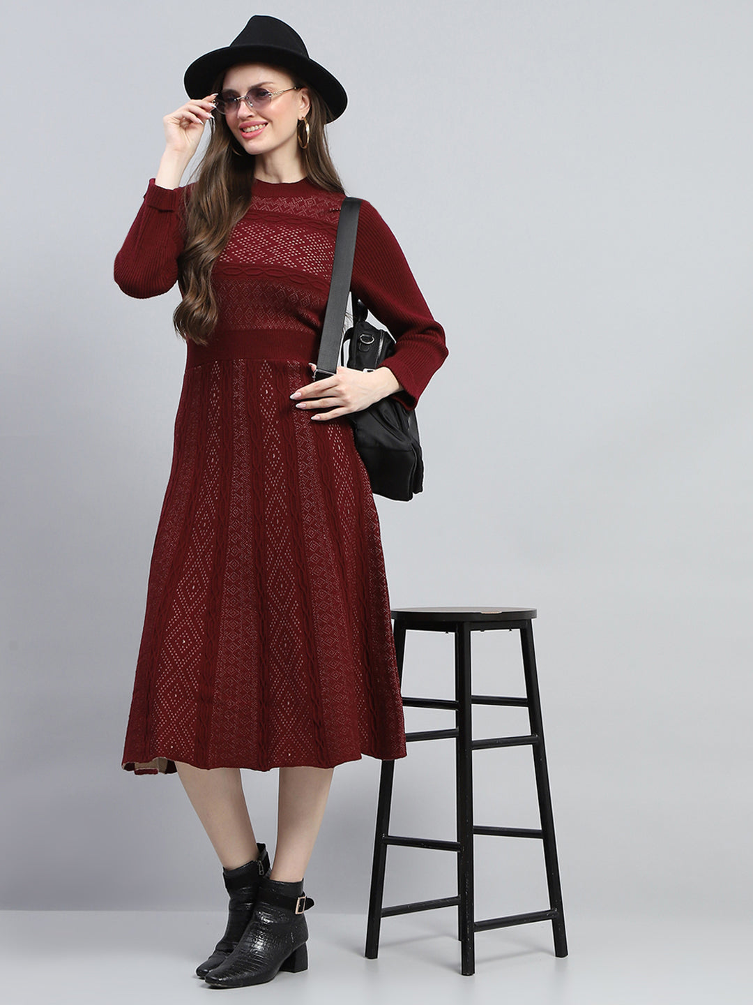 Women Maroon Self Design Round Neck Full Sleeve Dress