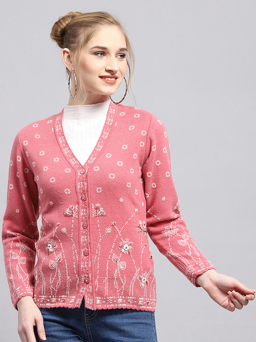 Women Pink Self Design V Neck Full Sleeve Cardigan