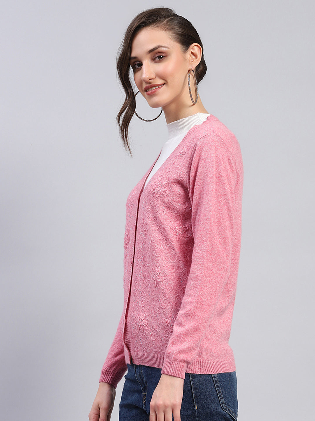 Women Pink Self Design V Neck Full Sleeve Cardigan