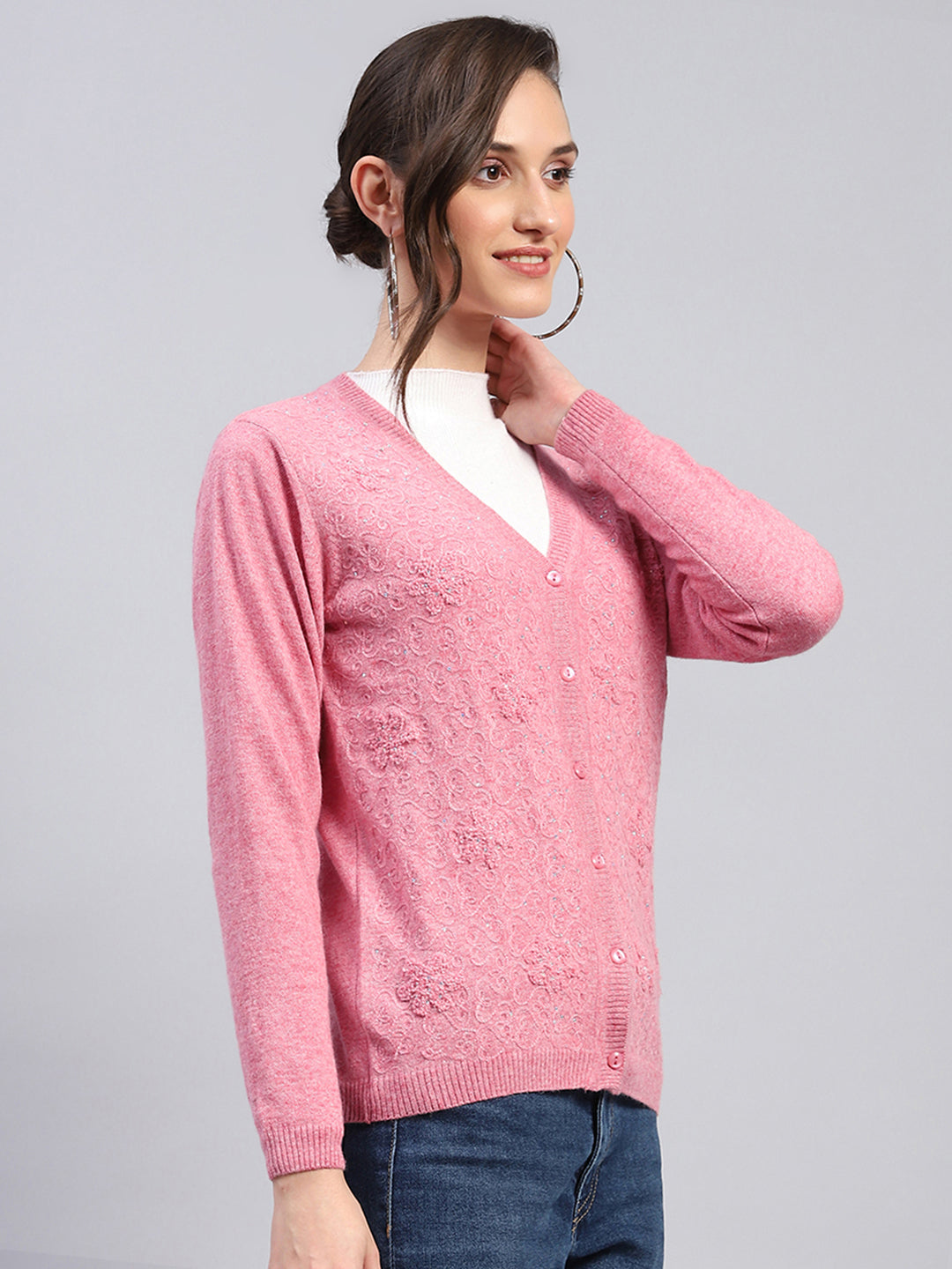 Women Pink Self Design V Neck Full Sleeve Cardigan