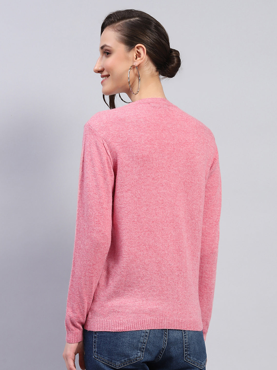 Women Pink Self Design V Neck Full Sleeve Cardigan