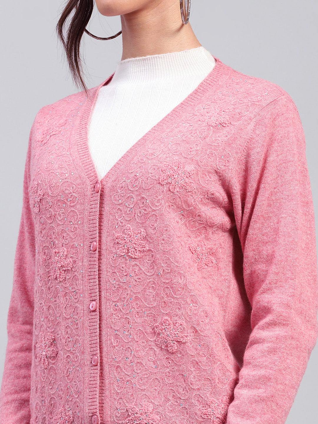 Women Pink Self Design V Neck Full Sleeve Cardigan