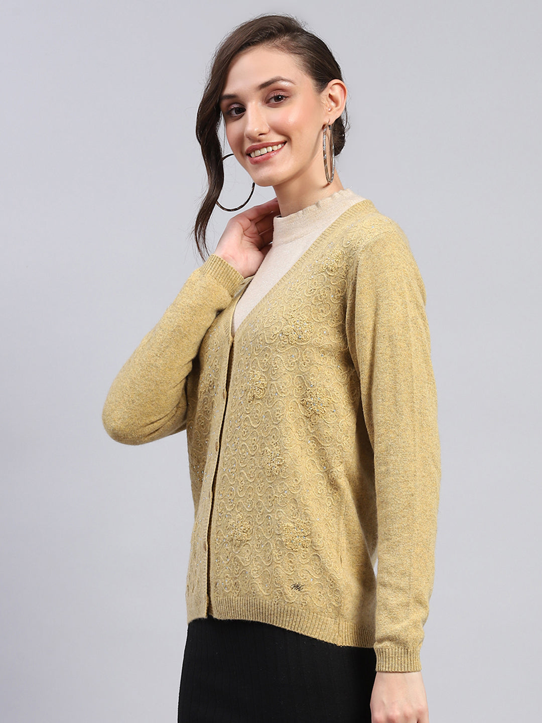 Women Mustard Self Design V Neck Full Sleeve Cardigan