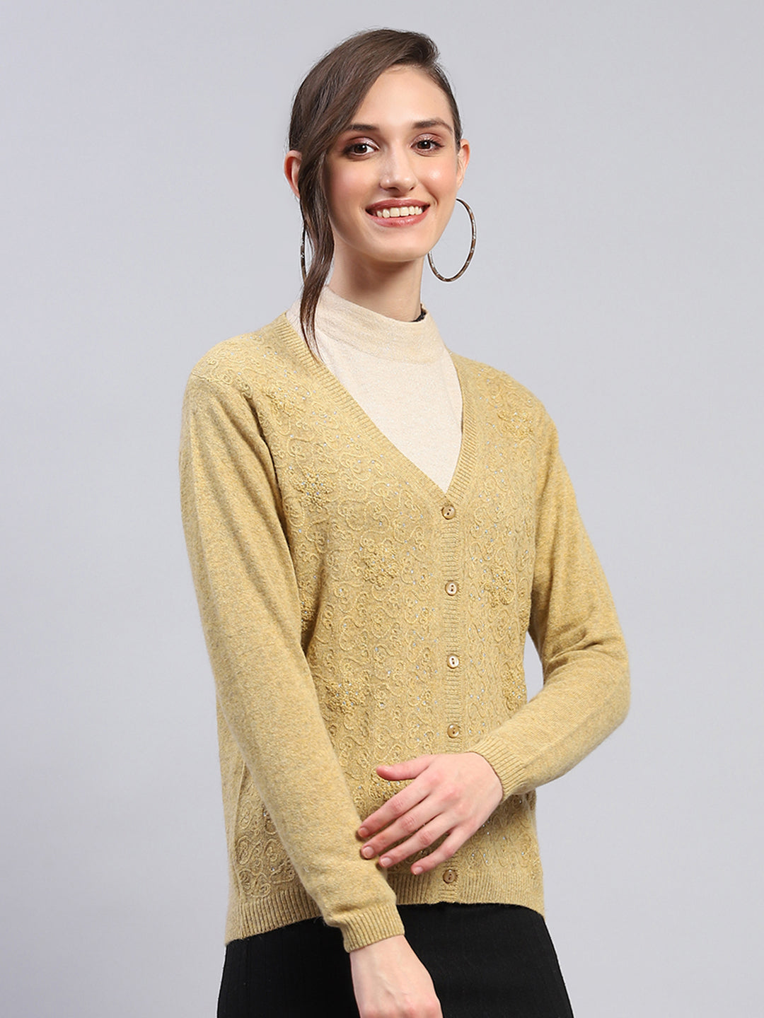 Women Mustard Self Design V Neck Full Sleeve Cardigan