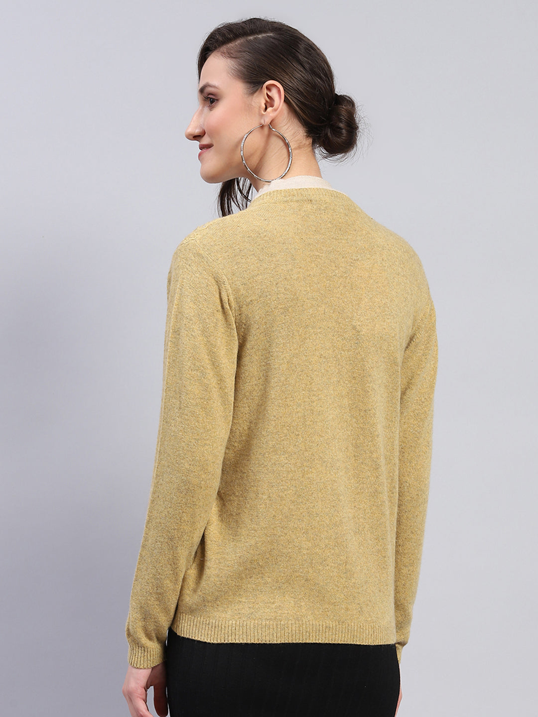 Women Mustard Self Design V Neck Full Sleeve Cardigan