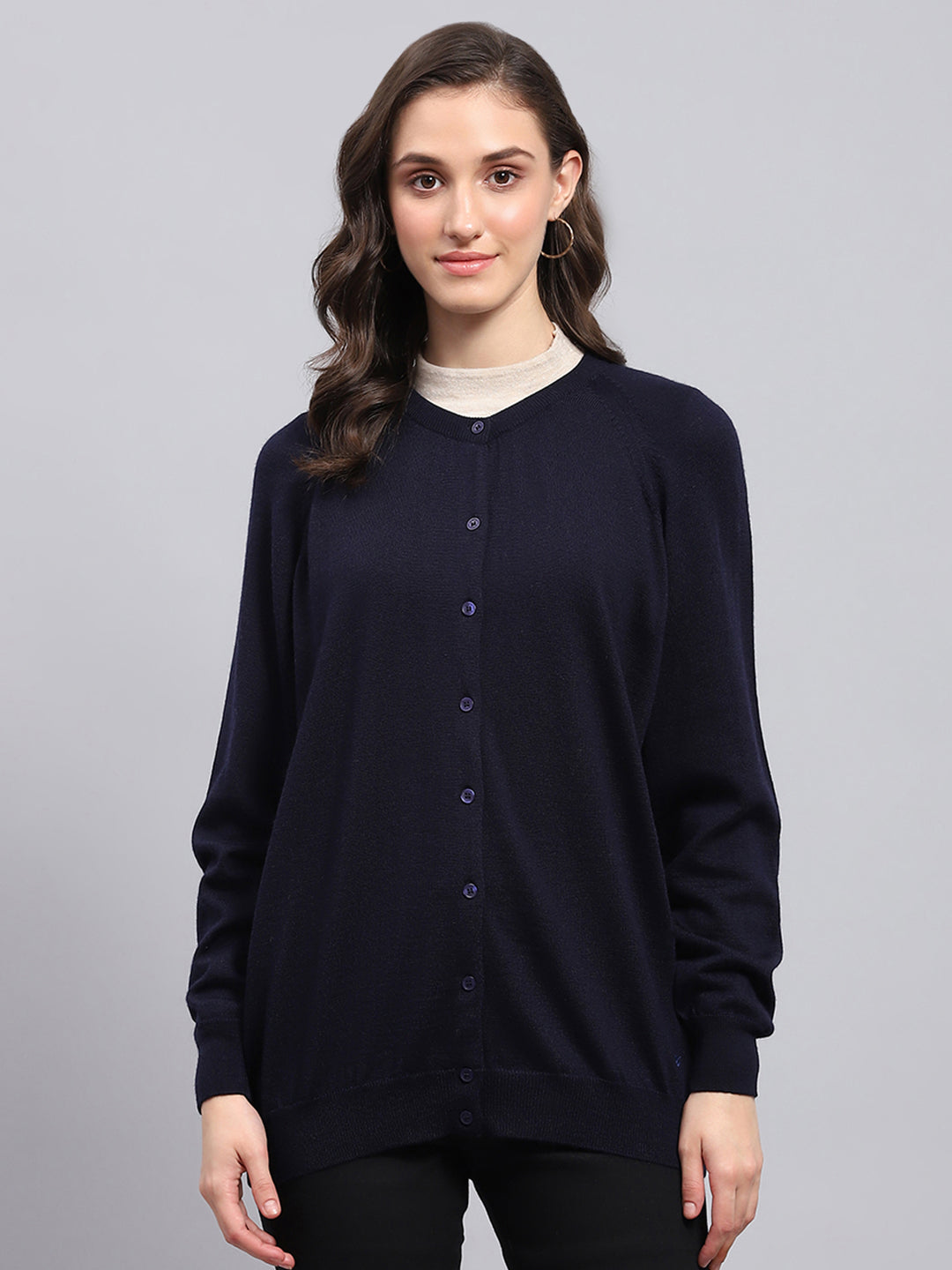 Women Navy Blue Solid Round Neck Full Sleeve Cardigan