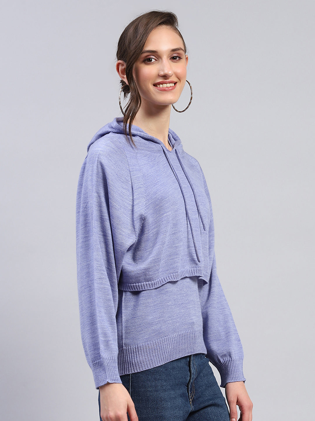 Women Blue Solid Hooded Full Sleeve Winter Tops