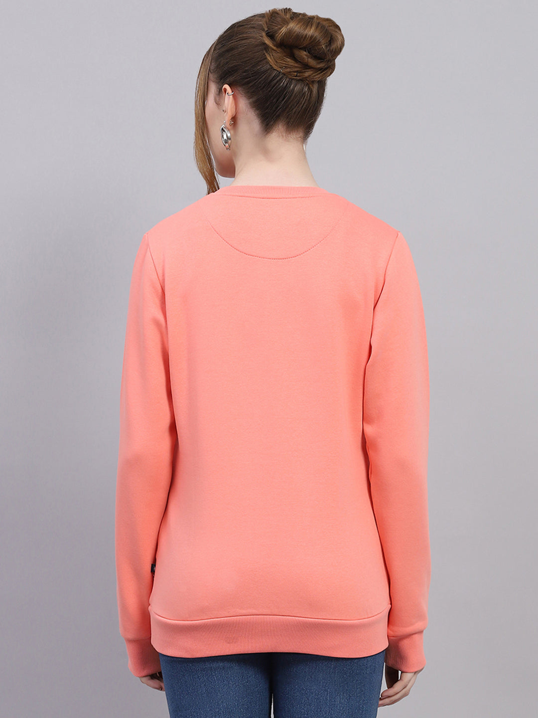 Women Peach Solid Round Neck Full Sleeve Sweatshirt