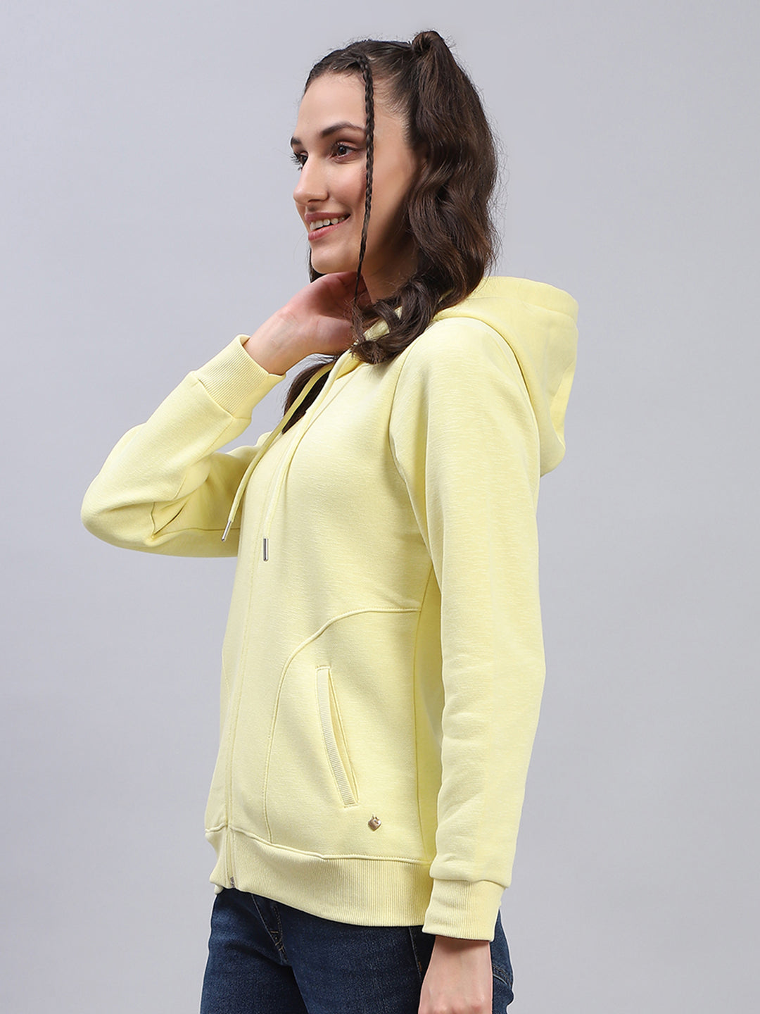 Women Yellow Solid Hooded Full Sleeve Sweatshirt