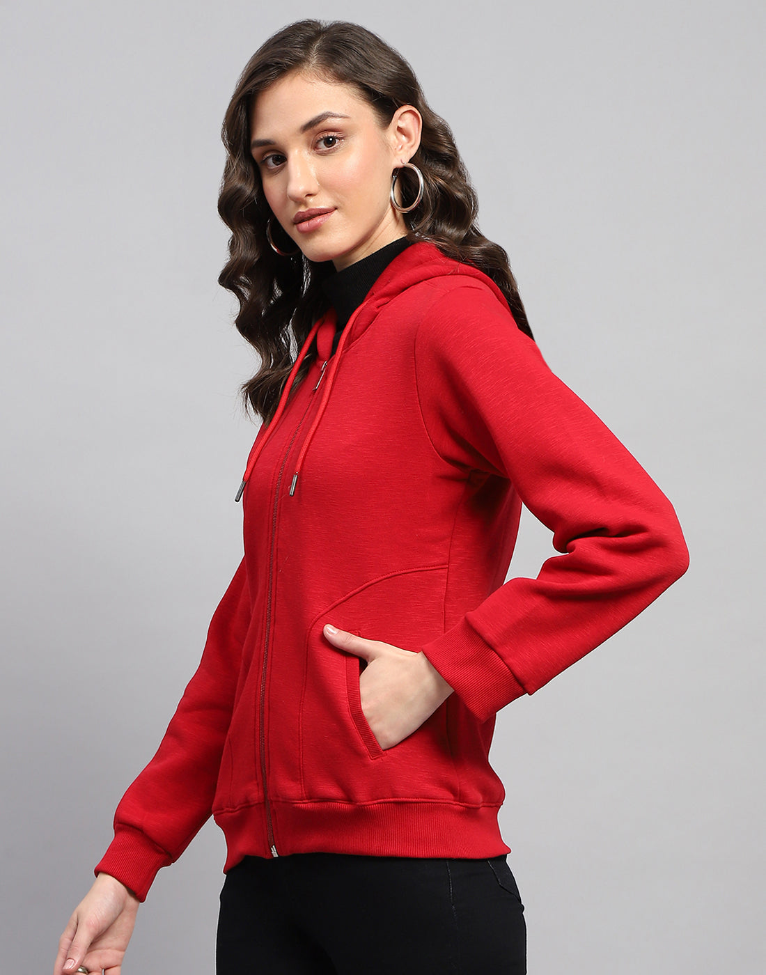 Women Red Solid Hooded Full Sleeve Sweatshirt