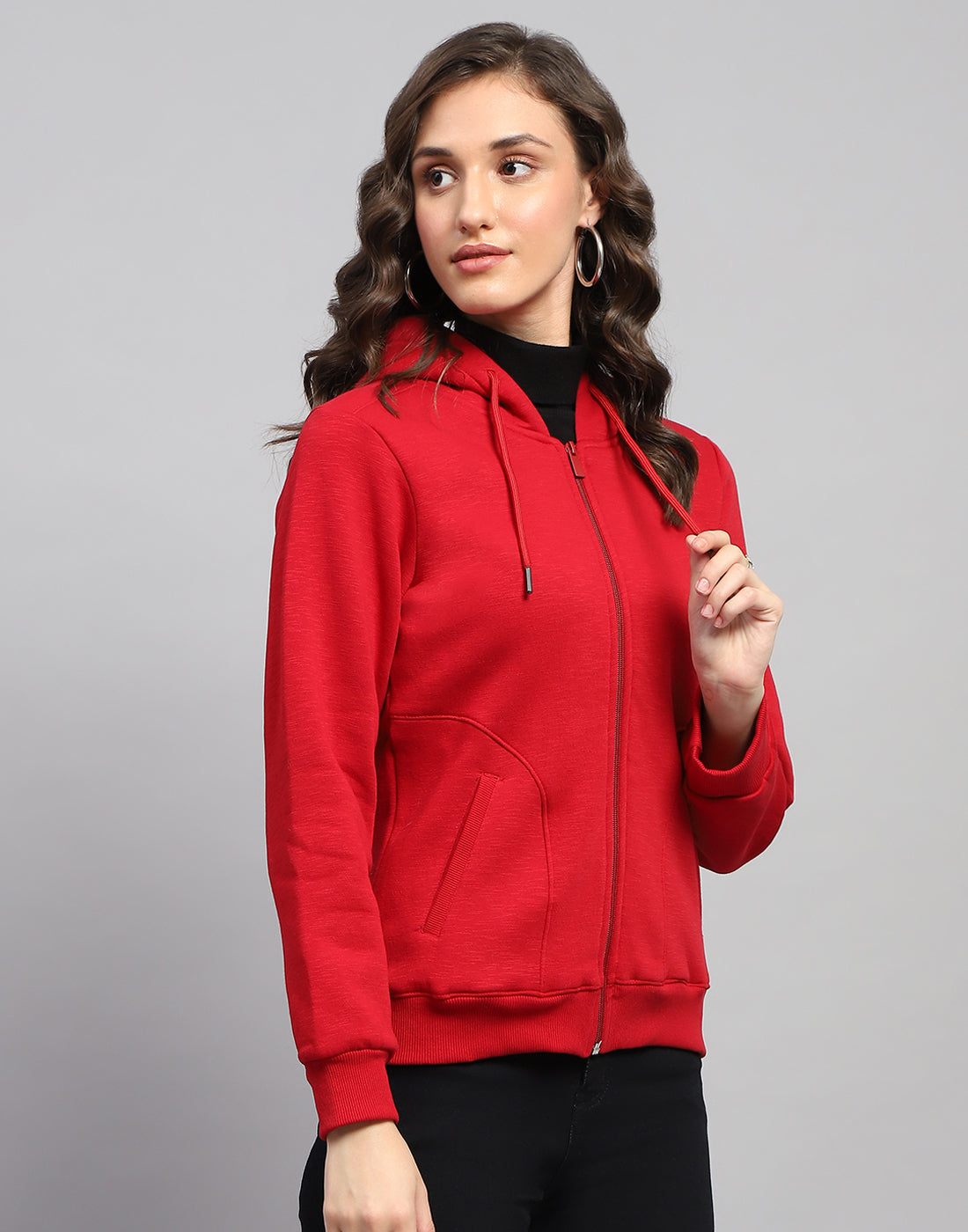 Women Red Solid Hooded Full Sleeve Sweatshirt