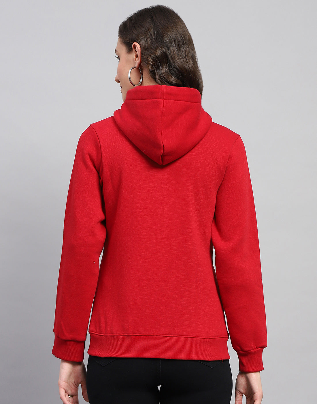 Women Red Solid Hooded Full Sleeve Sweatshirt