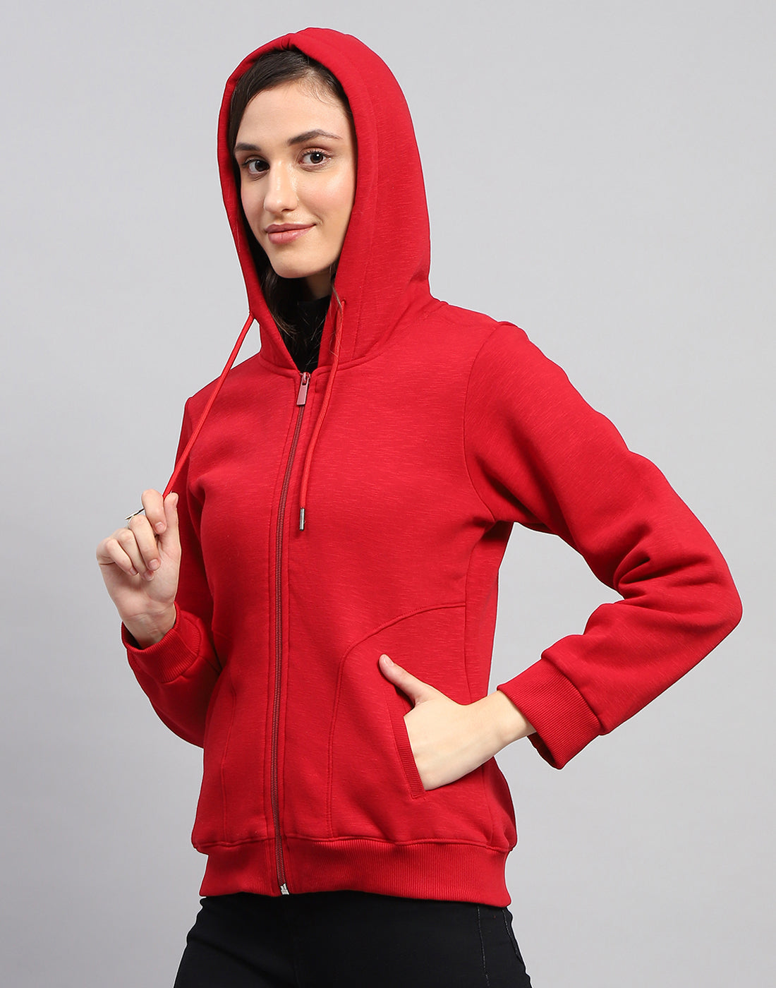 Women Red Solid Hooded Full Sleeve Sweatshirt