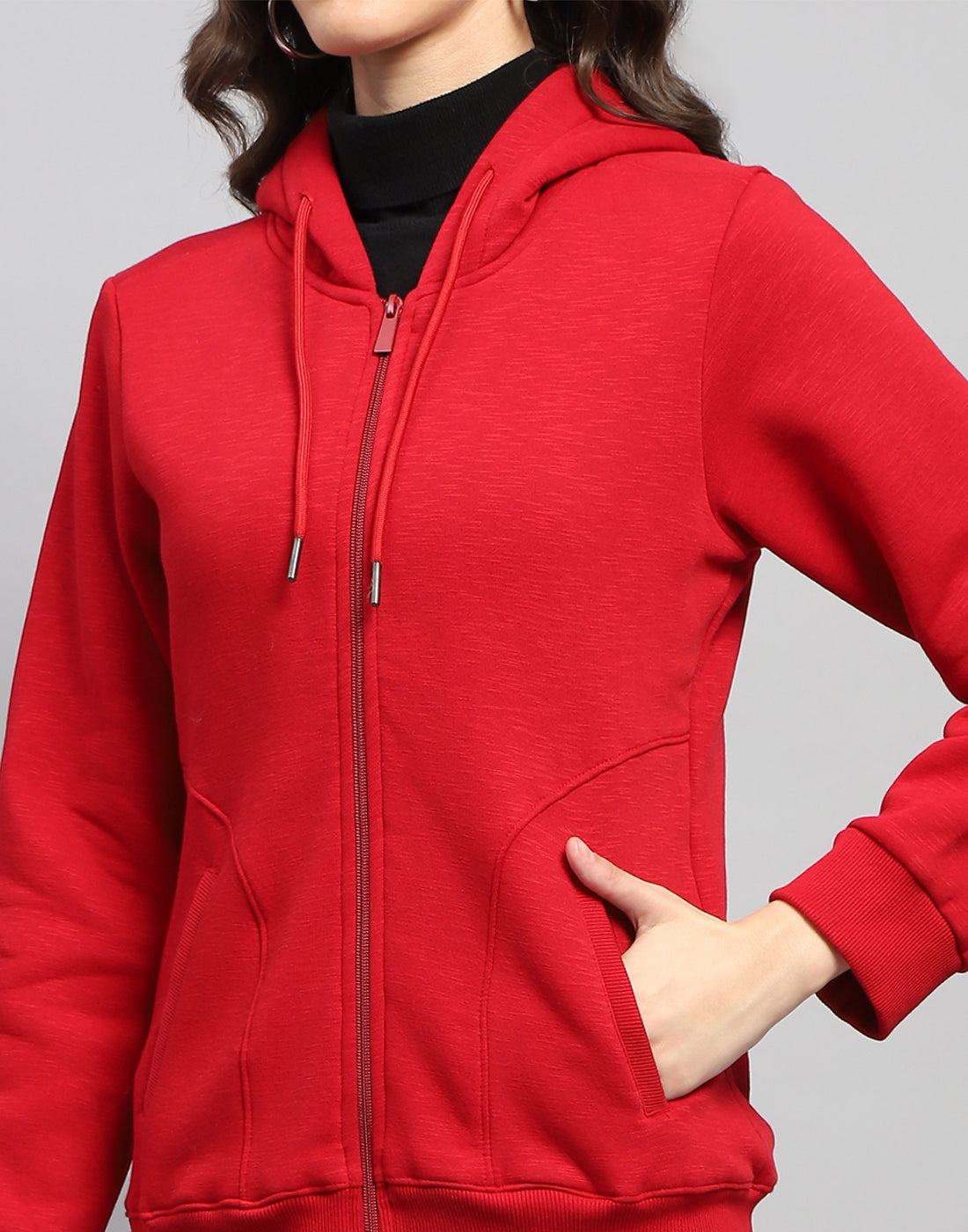 Women Red Solid Hooded Full Sleeve Sweatshirt