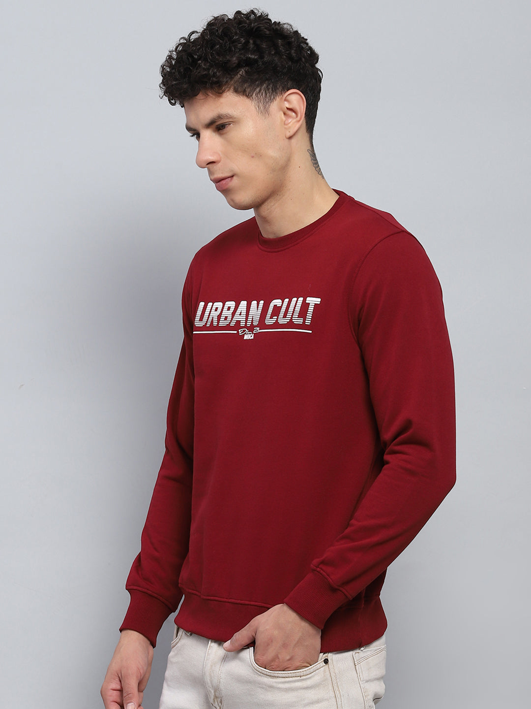 Men Maroon Printed Round Neck Full Sleeve Sweatshirt