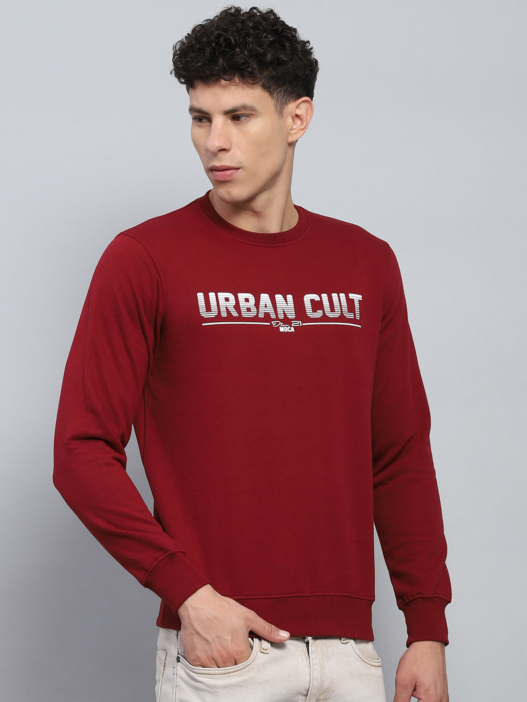 Men Maroon Printed Round Neck Full Sleeve Sweatshirt