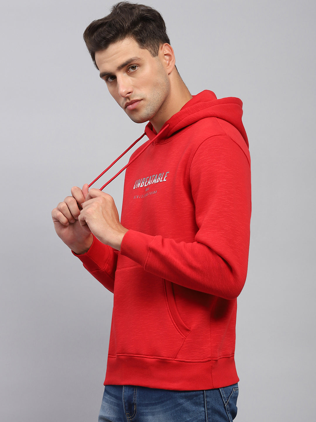 Men Red Printed Hooded Full Sleeve Sweatshirt