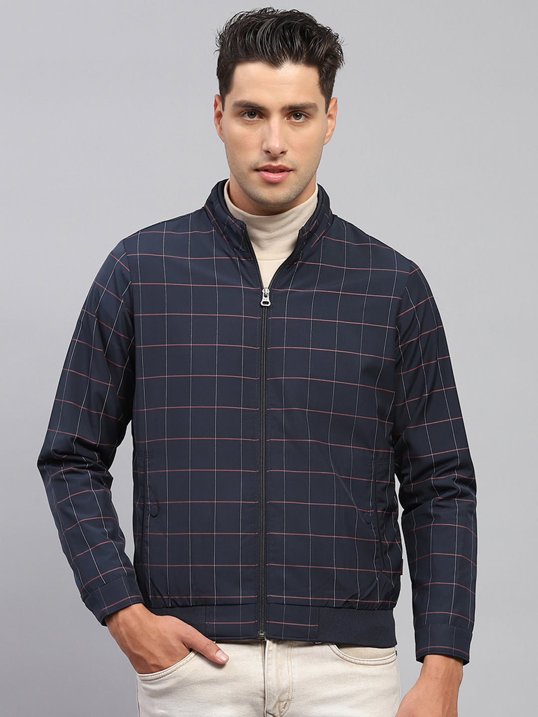 Men Navy Blue Check Mock Neck Full Sleeve Jacket