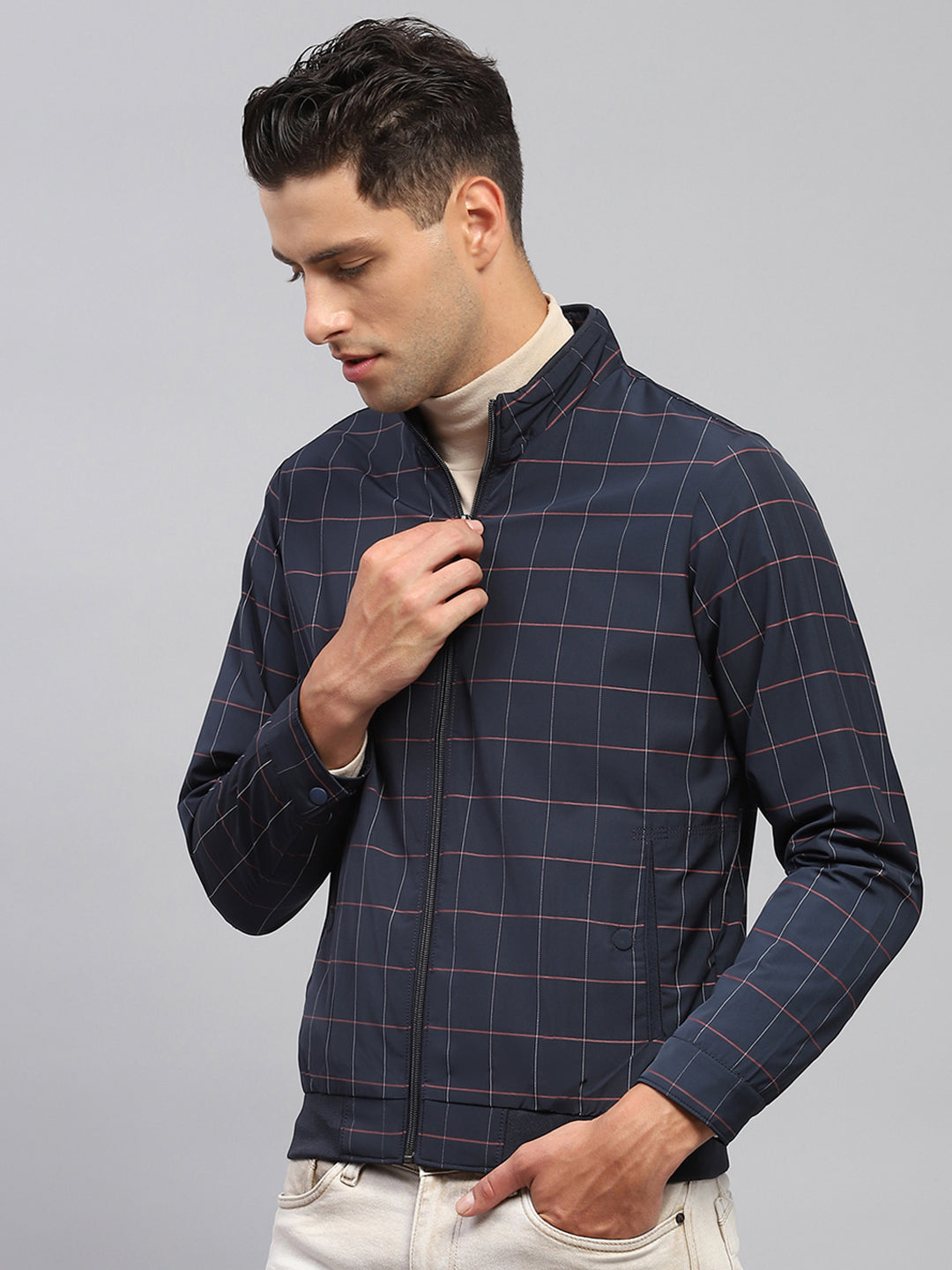 Men Navy Blue Check Mock Neck Full Sleeve Jacket