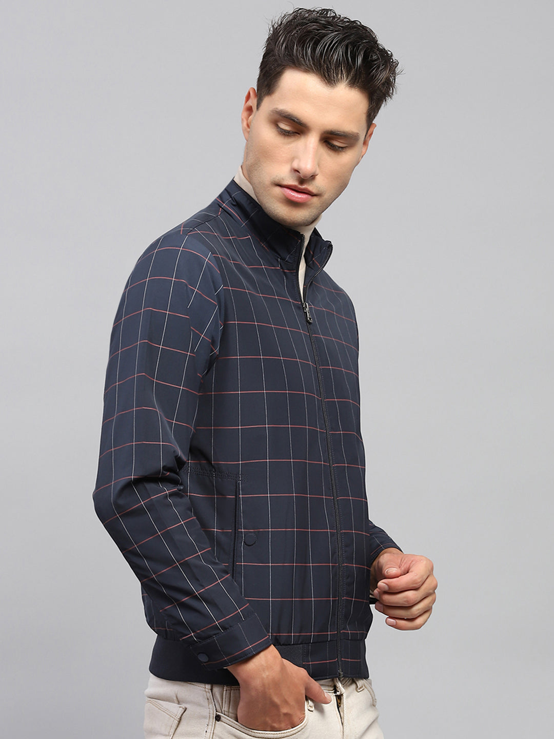 Men Navy Blue Check Mock Neck Full Sleeve Jacket